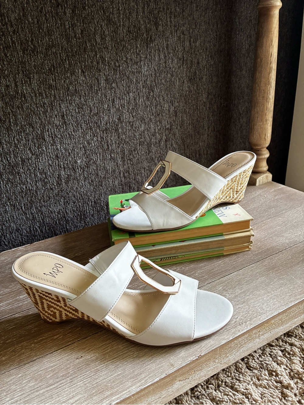 Impo White Wedge Slide Sandals with Gold Accent Buckle